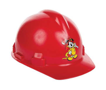 Disneyland Fire Department Hard Hat.: (Wilson, c.2003) A safety hard hat manufactured by Wilson. The hard hat features the now-retired logo for Disneyland's Fire Department, and contains an adjustable plastic suspension with a leather