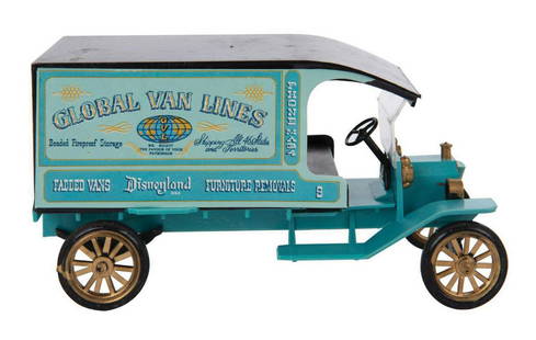 Global Van Lines Replica Antique Moving Van.: (Disneyland, c.1960s) A vintage toy replica of the Global Van Lines antique moving van. Constructed of plastic with printed color labels, a transparent plastic windscreen, and rolling plastic wheels,