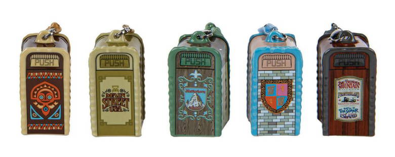 A set of (5) Disney Parks Trash Can Ornaments.: (Disneyland, 2017) A collection of (5) ornaments based on the iconic trash can designs of the Disney Parks. They are themed to the Matterhorn Bobsleds, Frontierland, Main Street, Enchanted Tiki Room,