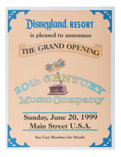 Disneyland 20th Century Music Grand Opening Sign.: (Disneyland, 1999) A sign used to promote the grand opening of the 20th Century Music Company on Main Street. In the same location as the former Main Street Tobacco Shop and Great America Pastimes,