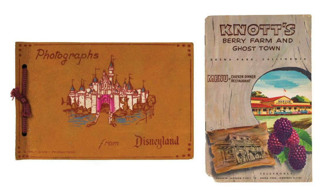 Photographs from Disneyland Scrapbook Album.: (Disneyland, 1955) A "Photographs from Disneyland" souvenir album with leather cover. The pages are filled with family photographs, tickets, and other ephemera collected from Disneyland and Knott's Be