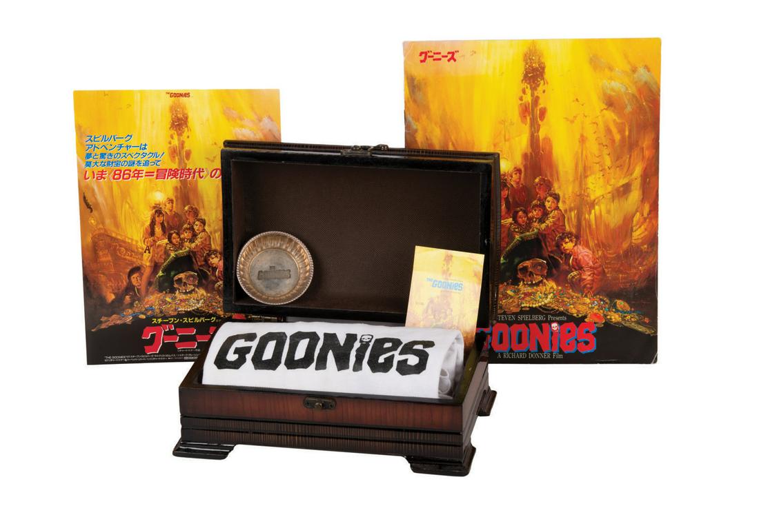 Goonies Japanese Premiere Promo Gift Chest.: Warner Bros., 1985) A promotional press kit for the Japanese release of The Goonies on December 1, 1985. The kit features a treasure trove of mementos from the Japanese release including a Japanese-la