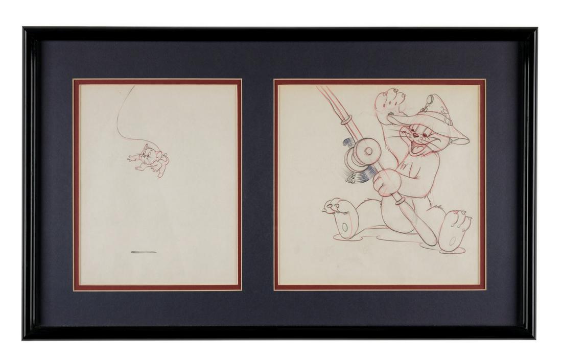 Pair of MGM Tom and Jerry Production Drawings.: (MGM Studios, 1943) A pair of Tom and Jerry original production drawings from the 1943 MGM studios theatrical short, "Sufferin' Cats.". The untrimmed drawings measure 10" X 12". Jerry's image size is