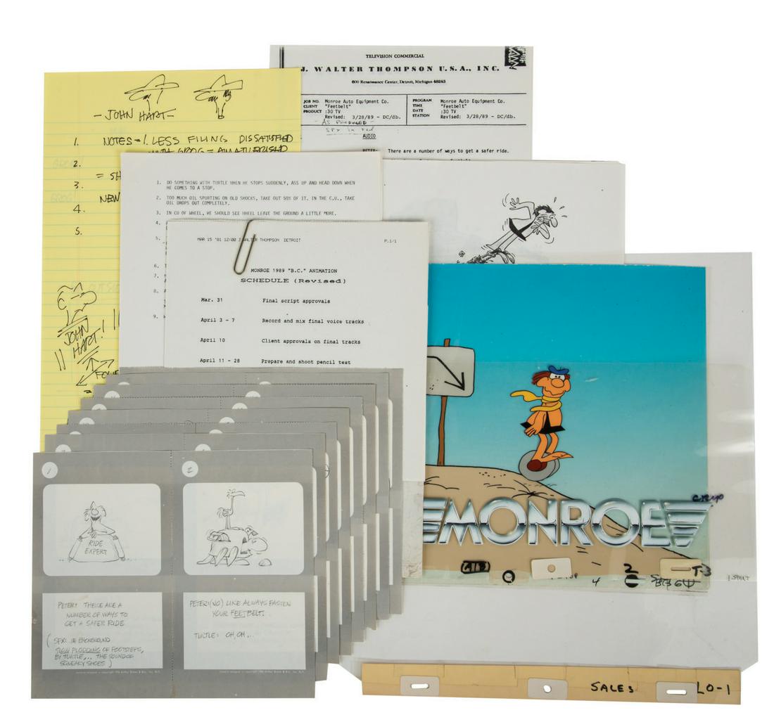 Cels and Materials from B.C. Monroe Commercial.: (Pantomime Pictures, c.1980s) An impressive collection of materieal for a Monroe Shocks commercial featuring characters from Johnny Hart's B.C Included is a producton cel and background, 8pages of han