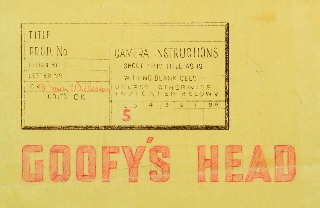 "Goofy's Head" Title Cover.: (Goofy's Head, 1940s) A title cover for the Goofy Head "logo" used for the series of cartoon shorts starring Goofy produced in the 1940s. The cover was used to convey camera instructions and features 