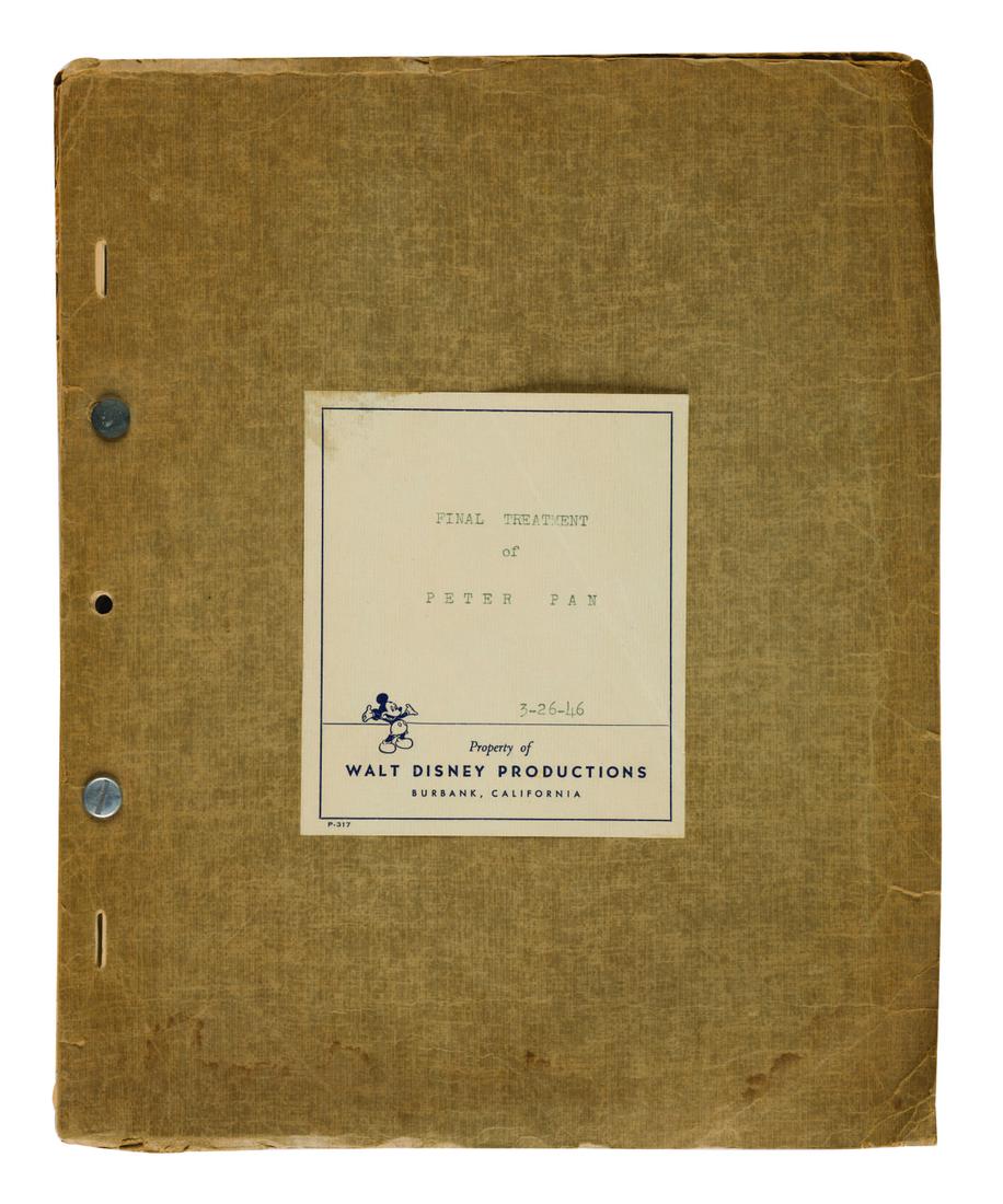 "Peter Pan" Final Treatment Script.: (Disney, 1946) An extremely rare final treatment of Walt Disney's "Peter Pan." The 87-page treatment by Jack Kinney, John Lagen, Dick Kinney, MacDonald MacPherson, and Ted Sears is dated "March 26, 19