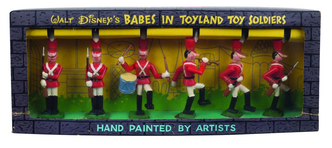 Babes in Toyland Toy Soldiers Set.: (Disney/Marx, 1961) A boxed set of (6) toy soldier 60mm Disneykins, released in time with Walt Disney's "Babes in Toyland." This rare boxed set measures 4"x10", with the box overall in fine condition,