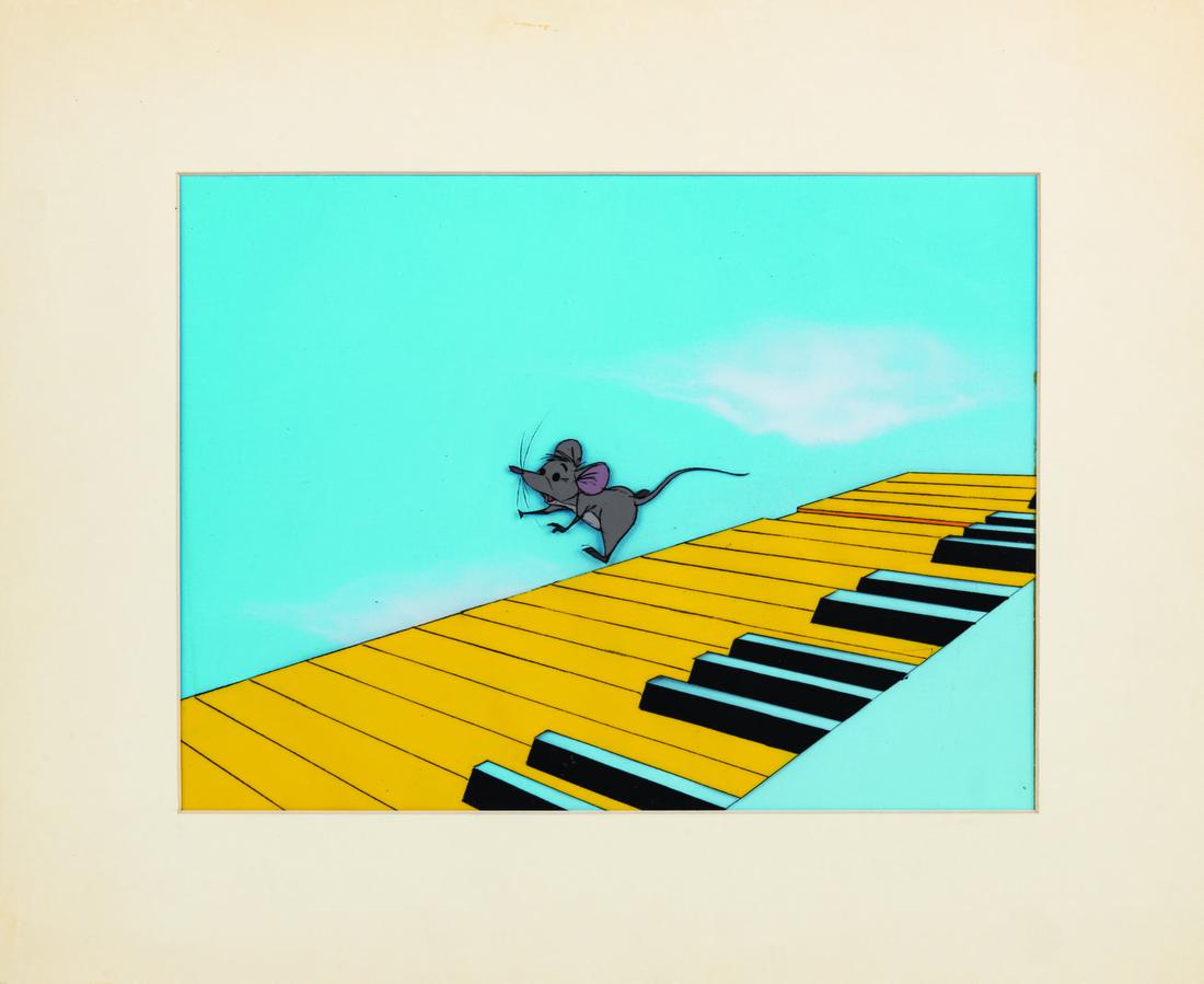 An Original Production Cel from "The Aristocats.": (Disney, 1970) An original production cel of Roquefort from Disney's 1970 feature film "The Aristocats." The cel has been paired with a production cel of piano keys from a different scene and placed o