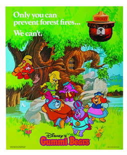 A Smokey the Bear & Disney's Gummi Bears Poster.: (Disney, 1986) A public service poster the U.S. Forest Service featuring Smokey the Bear and Disney's Gummi Bears. Measuring 24"x19.75", the poster is in good condition with minor wear from use.