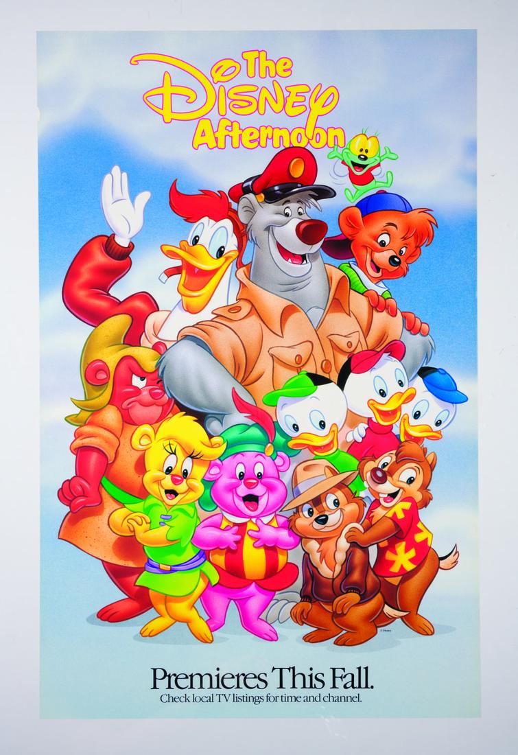 The Disney Afternoon Premiere Poster.: (Disney, 1990) A poster promoting the premiere of Disney Television's syndicated two-hour time block which included Gummi Bears, Duck Tales, Chip n' Dale's Rescue Rangers, and Tale Spin. Measuring 25"