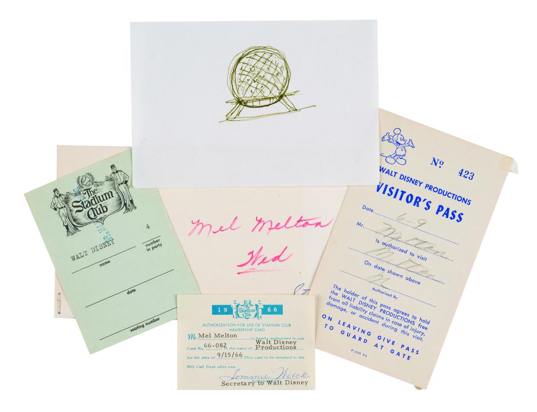 A Collection of Mel Melton Walt Disney Ephemera.: (Disney, 1966) A collection of (4) pieces of ephemera once owned by WED Enterprises President, Mel Melton. Among the lot are a reservation card and membership card for The Stadium Club (including one