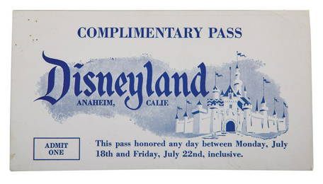 White Disneyland Opening Week Complimentary Pass.