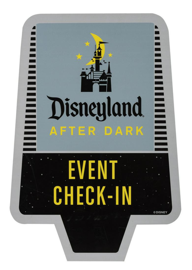 A Disneyland After Dark Event Sign.: (Disneyland, 2000s) A Disneyland After Dark "Event Check-In" sign. The signage was created to direct audiences of the four-hour ticketed soirees of festivities held at Disneyland once the sun goes dow