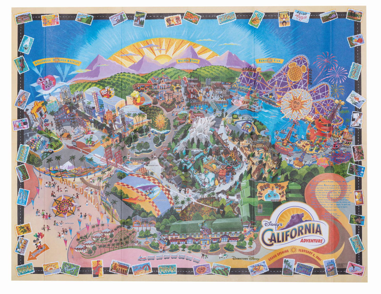 A Disney's California Adventure Opening Day Map.: (Disney's California Adventure, 2001) A stylized map created to celebrate the Grand Opening of Disney's California Adventure on February 8, 2001. The opening year map notably features Park landmarks a