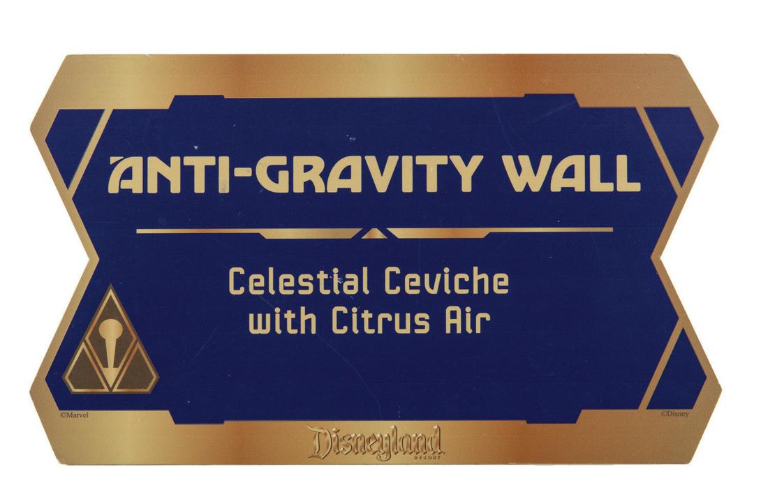 An Anti-Gravity Wall Disneyland Outdoor Foods Sign.: (Disneyland, 2017) A sign created for an event in honor of the Guardians of the Galaxy Mission Breakout Premiere at Disney's California Adventure during the summer of 2017. This particular sign prop w