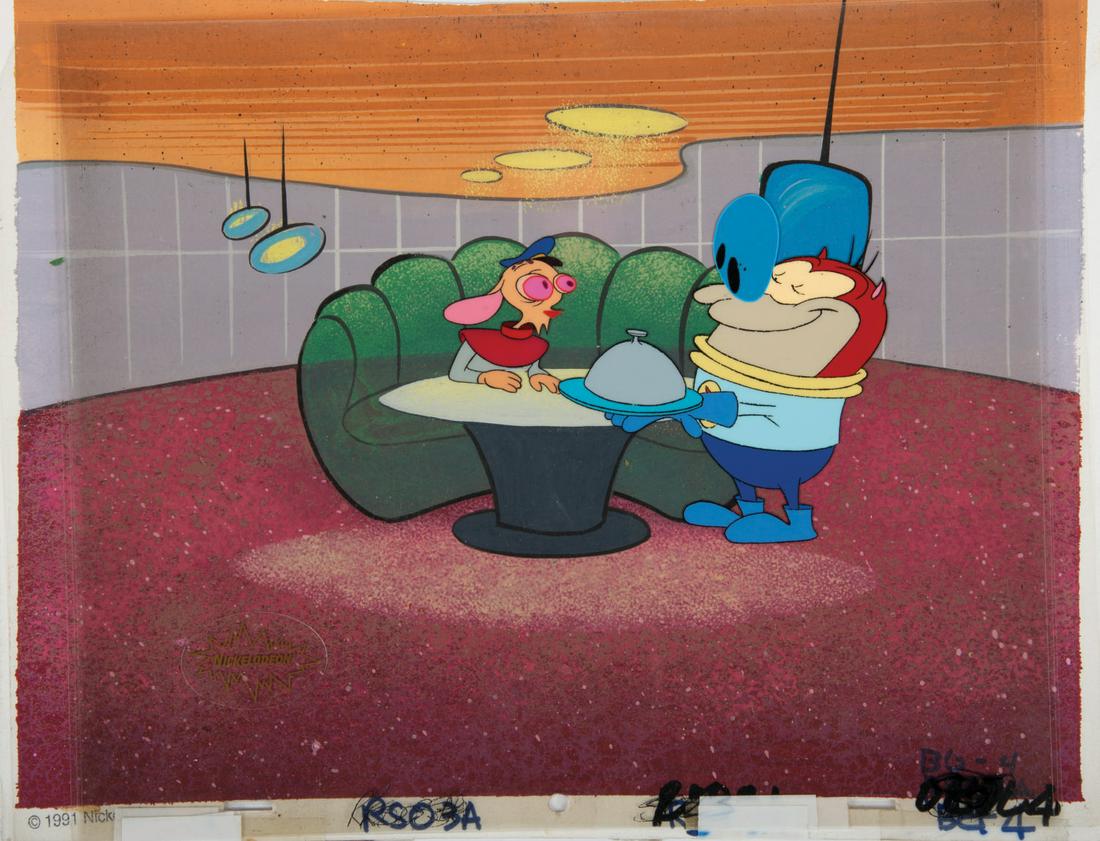 A Ren and Stimpy "Space Madness" Cel & Background.: (Nickelodeon, 1991) An extremely rare production cel and original background from the "Space Madness" episode of the groundbreaking TV Series, "The Ren and Stimpy Show.". "Space Madness was the the th