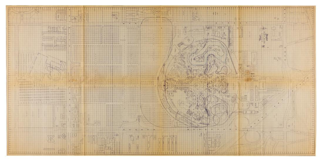 A 1960s Disneyland Plot Plan.: (Disneyland, 1960s) A mid-1960s plot plan of land and surrounding area operated by Disneyland, Inc. The architectural print was created by WED Imagineering and depicts Disneyland, with notable details