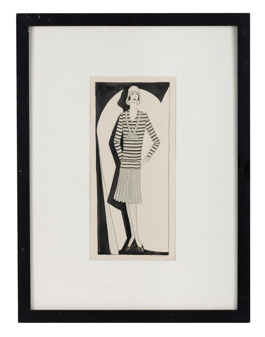 An Ink Drawing of a Flapper by Laura Ackerman.: (Ackerman, 1920's) An original ink drawing of a flapper signed by the artist, Laura Ackerman. This style of illustration was typicalLy used in newspapers or fashion magazines of the time. Measuring 10