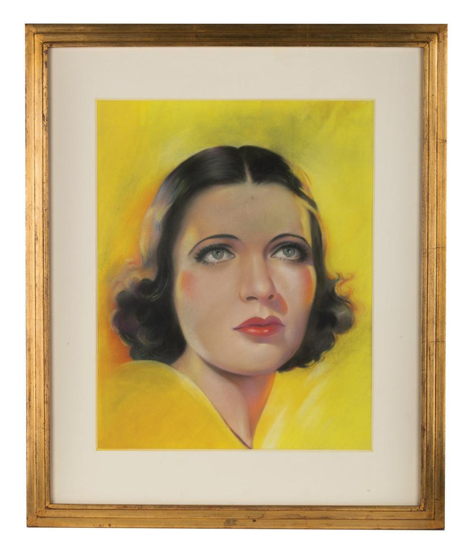 A Pastel Portrait of Actress Kay Francis.: (1930s) A portrait of American actress Kay Francis. Portraits of Francis in this style appeared on the cover of dozens of movie magazines in the 1930s. Accomplished in pastel, and measuring 15"x18.75"