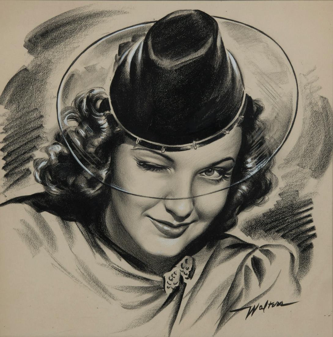 An Original Portrait of Linda Darnell by Walters.: (Walters, 1938) An original oil, pastel, and gouache illustration of actress Linda Darnell, by artist Walters. The exact date of this drawing is unknown, though it is based on a photo shoot by 20th Ce