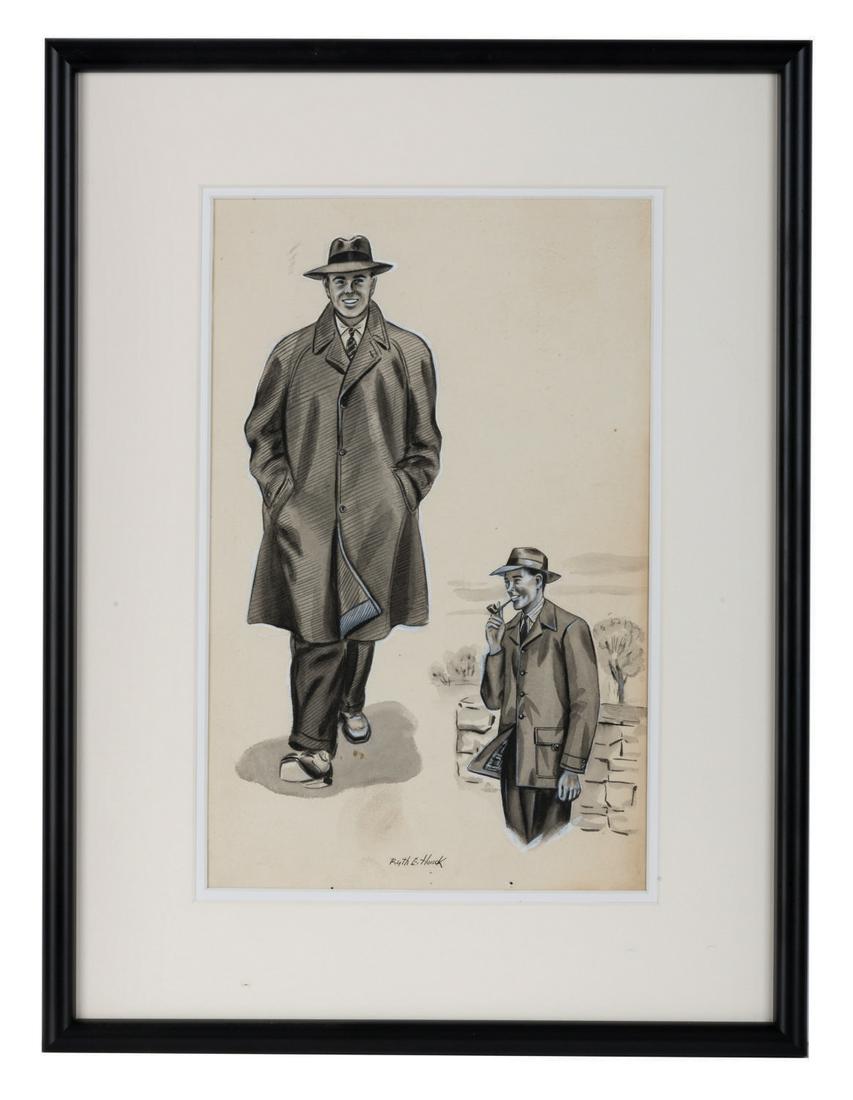 Clothing Advertisement Illustration by Ruth E. Hauck.: (Hauck, 1940s) An original illustration for a men's clothing advertisement, drawn and signed by Ruth E. Hauck. Hauck was an American artist who also drew for Catholic Action Illustrated Comics. This p
