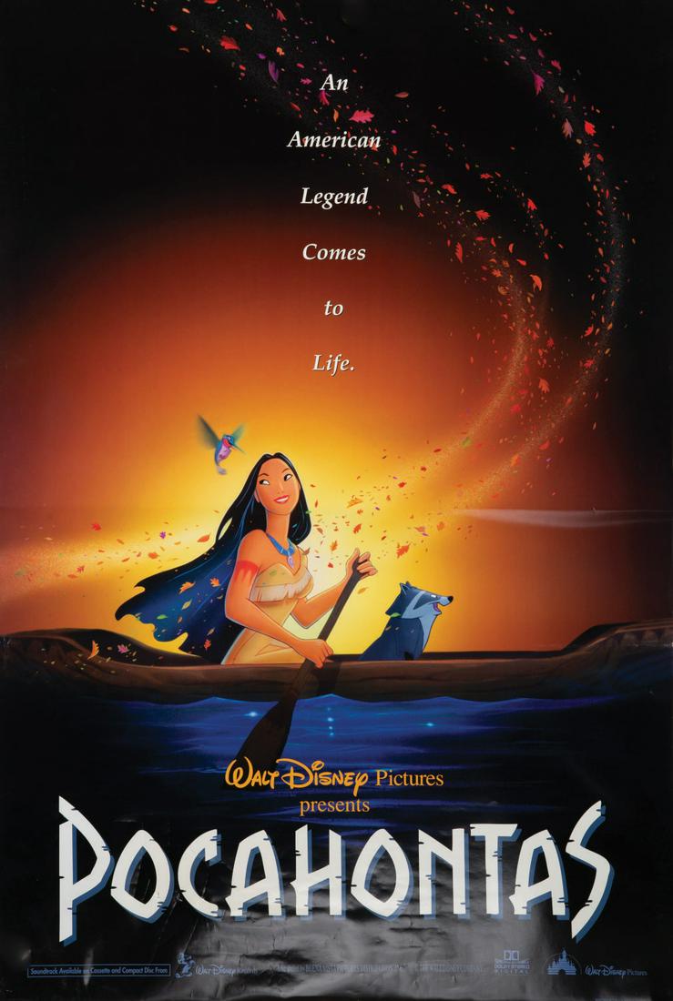 A "Pocahontas" One Sheet Poster.: (Disney, 1995) An original release one sheet poster for "Pocahontas." Measuring 27"x40", the poster is in good condition, with some waviness and edge wear from handling and storage.