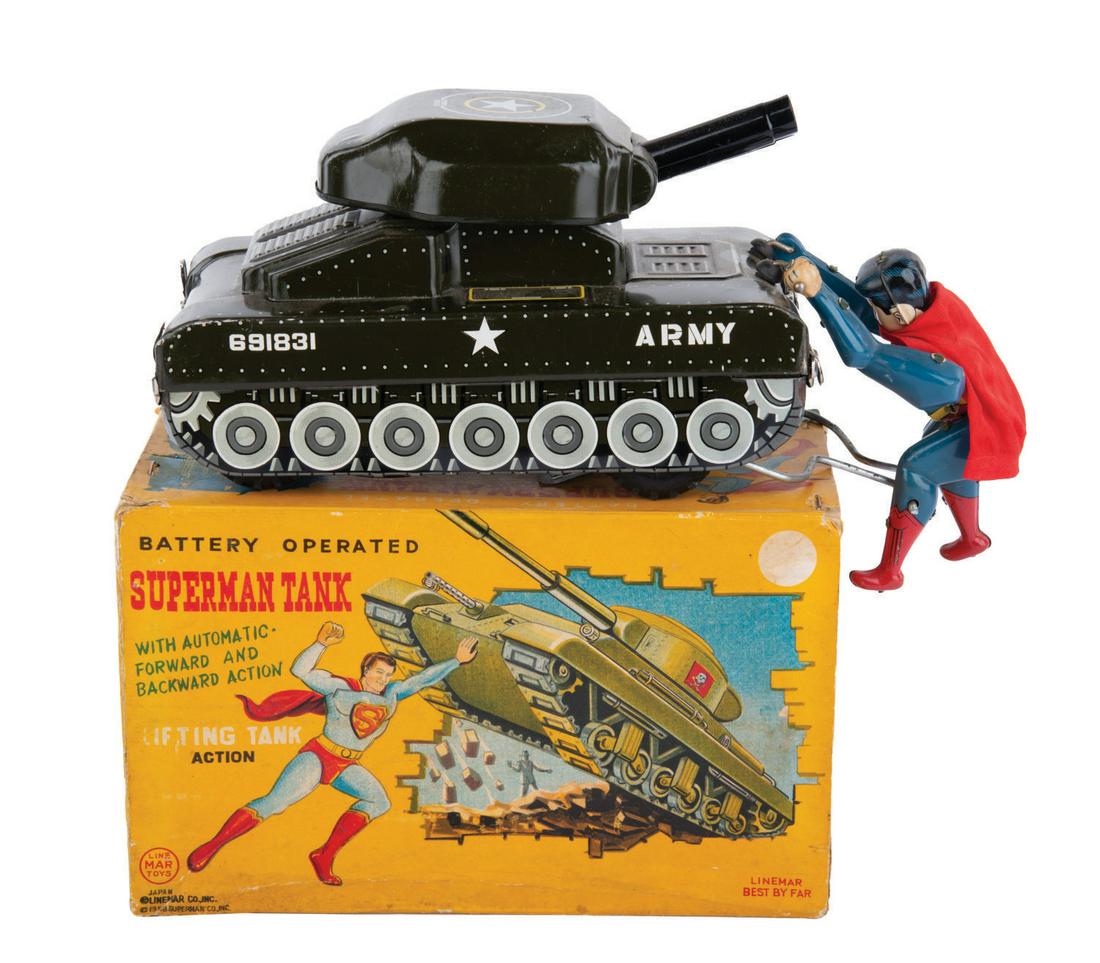 A Battery-Operated Superman Tin Tank by Linemar. (1 of 2)