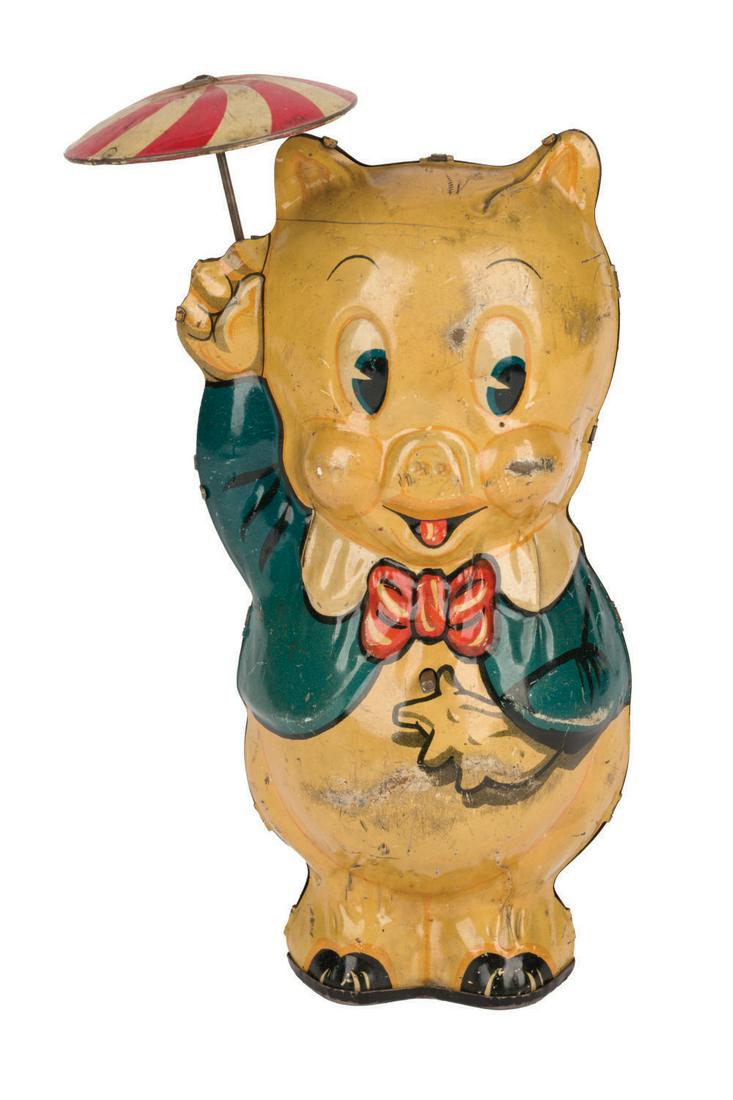 A Porky Pig with Umbrella Wind-Up Tin Toy. (1 of 2)