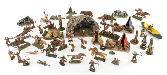 A Collection of (59) Native American Figures & Scenics.: (Various, 1930s-50s) A Collection of (59) vintage Native American composition figures and scenic playsets manufactured by O&M Hausser's Elastolin of Germany, Tipple-Topple of Austria, Plastinol, Sequo