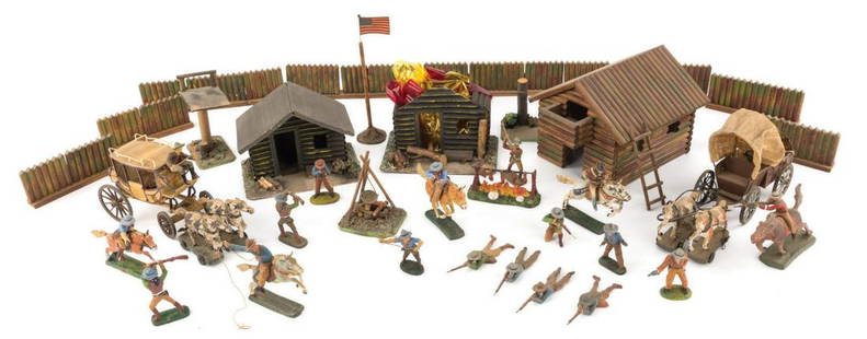 A Collection of (42) Western Cowboy Figures & Scenics.: (Various, 1930s-50s) A Collection of (42) vintage Western cowboy composition figures and scenic playsets manufactured by O&M Hausser's Elastolin of Germany, Tipple-Topple of Austria, Plastinol, and ot