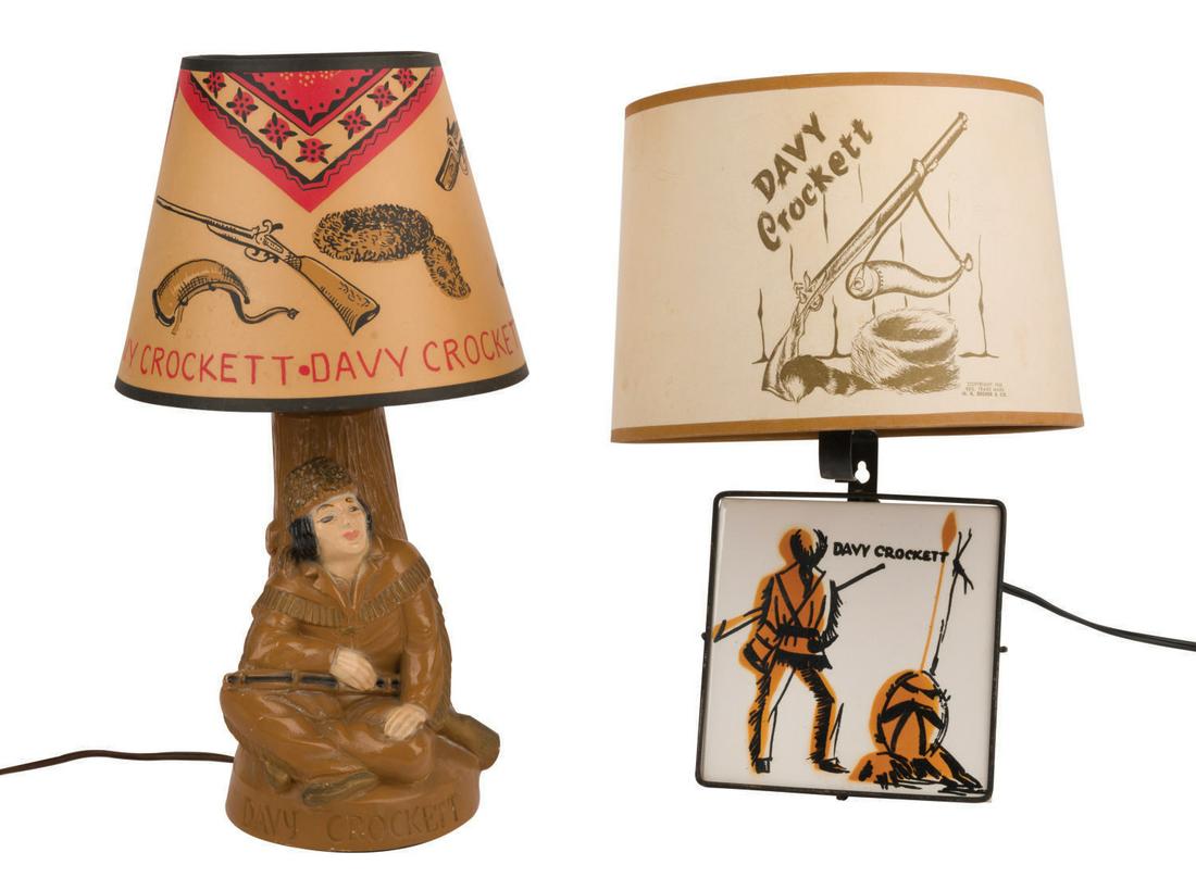 A Pair of Davy Crockett Lamps.: (Danisoburg/H.R. Becker/Metro Art, 1950s) A pair of Davy Crockett lamps manufactured by Metro Art and H.R. Becker & Danisoburg. One lamp is composed of a metal frame, with a hand-painted glazed "Danis