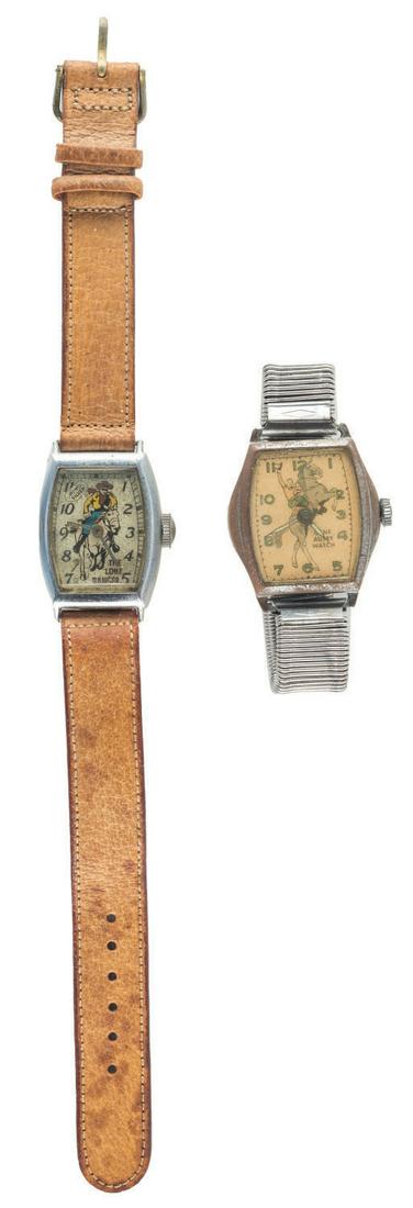 A Pair of Gene Autry and the Lone Ranger Watches.: (US Time/Wilane, 1939-1940's) A pair of watches of western heroes on horseback. The 1939 watch of the Lone Ranger riding Silver is by U.S. Time, and the watch with the image of Gene Autry on his horse