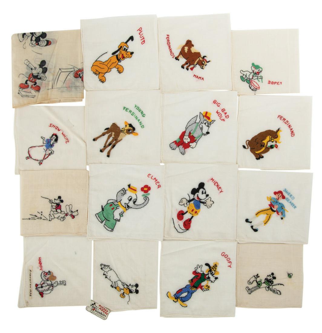 A Collection of (16) Disney Character Handkerchiefs.: (Hermann, 1930s) A collection of handkerchiefs embroidered and printed with Disney characters, manufactured by Hermann Handkerchief. Among the lot are (15) embroidered handkerchiefs featuring Walt Dis