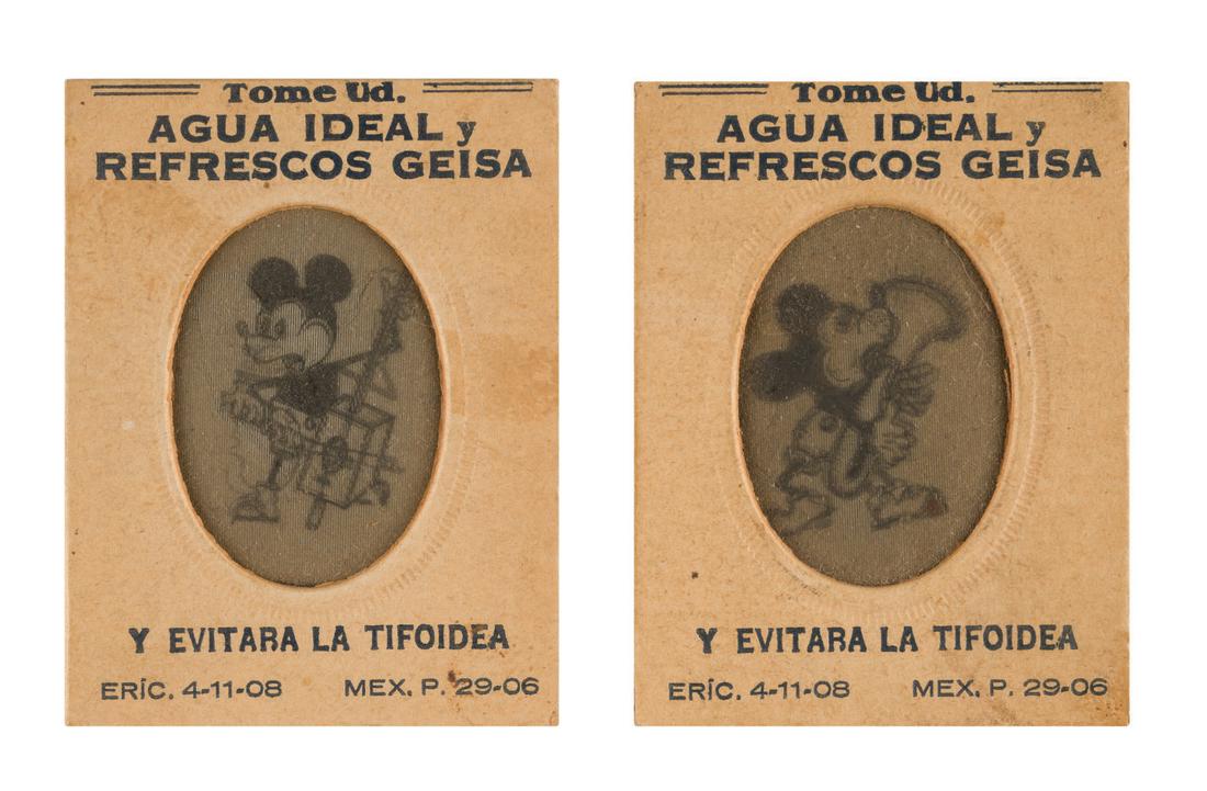 A Pair of Mickey Mouse Lenticular Cards from Mexico.: (1930s) A pair of rare lenticular Mickey Mouse cards that animate movement when rubbed side to side. The cards read "Tome Ud. Ideal Water and Geisha Soft Drinks and Avoid Typhoid." Each measuring 3"x2