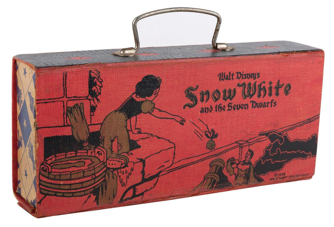 Snow White and the Seven Dwarfs Pencil Case by Dixon.: (Dixon, 1930s) A Snow White and the Seven Dwarfs pencil case manufactured by Dixon. The exterior is decorated with imagery of Snow White and Prince Charming while the interior is covered with a patter