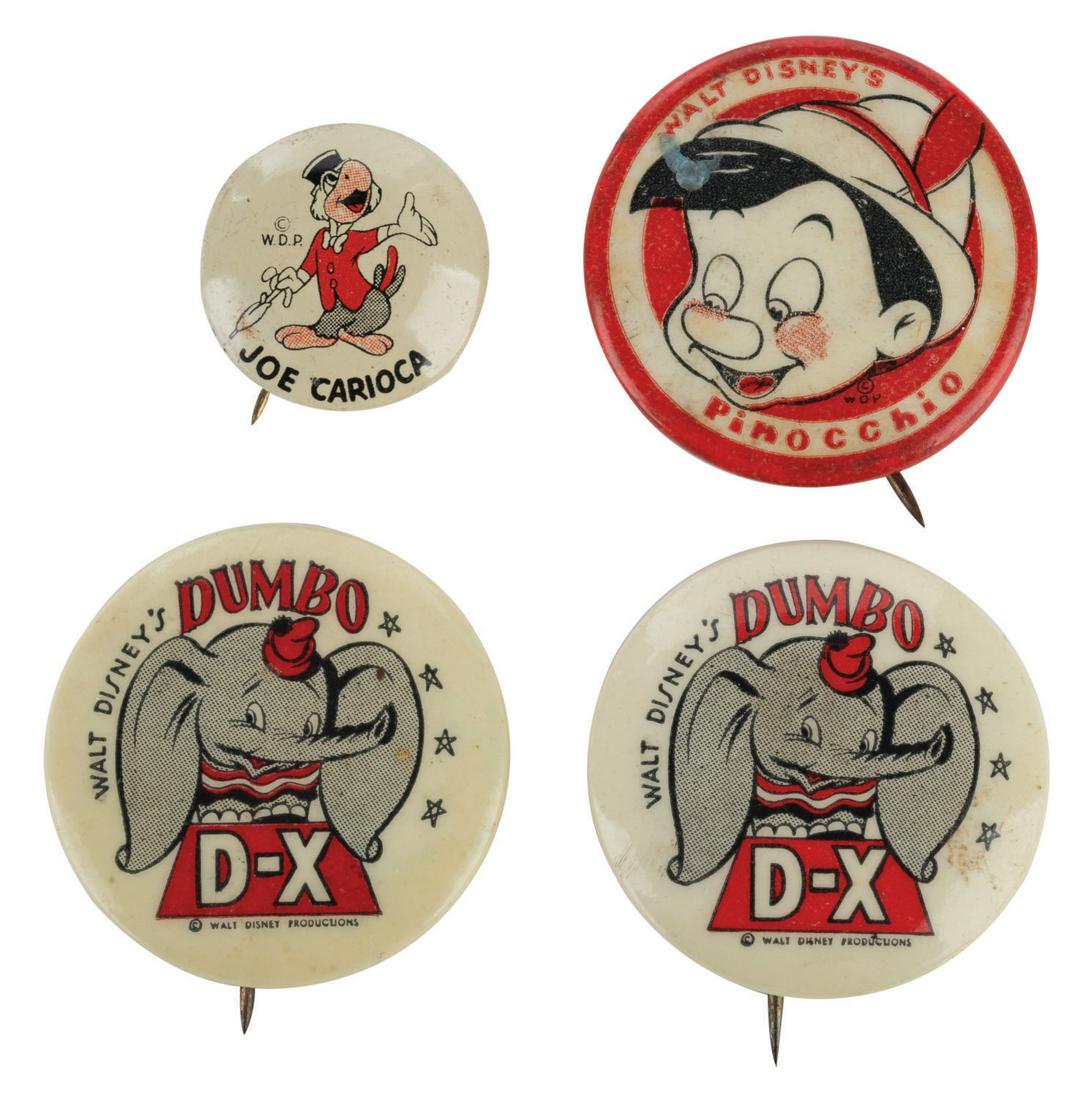 A Set of (4) Pinocchio, Dumbo & Jose Premium Buttons. (1 of 2)
