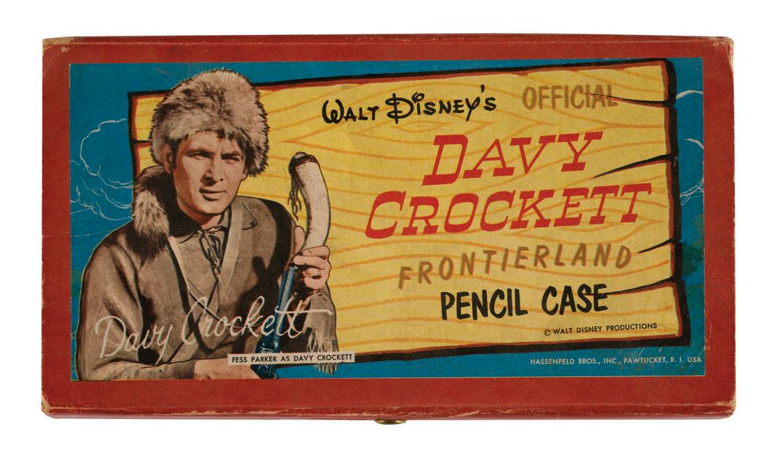 Davy Crockett Frontierland Pencil Case.: (Hassenfeld, 1950s) A Walt Disney's Official Davy Crockett Frontierland Pencil Case by Hassenfeld Bros. The box with hinged lid features a snap fastener, colorful image of Fess Parker, and comes with 