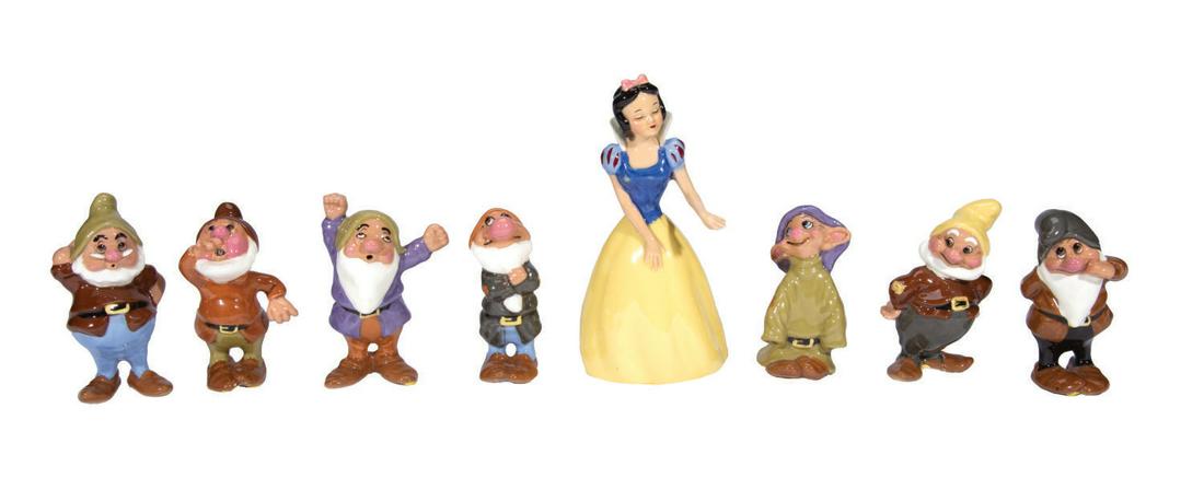 A Rare Hagen-Renaker Large Size Snow White Set.: (Hagen-Renaker, 1950s) A rare set of eight ceramic figurines of Snow White and the Seven Dwarfs by Hagen-Renaker. Known for their miniature figurines, the company made a handful of larger size pieces