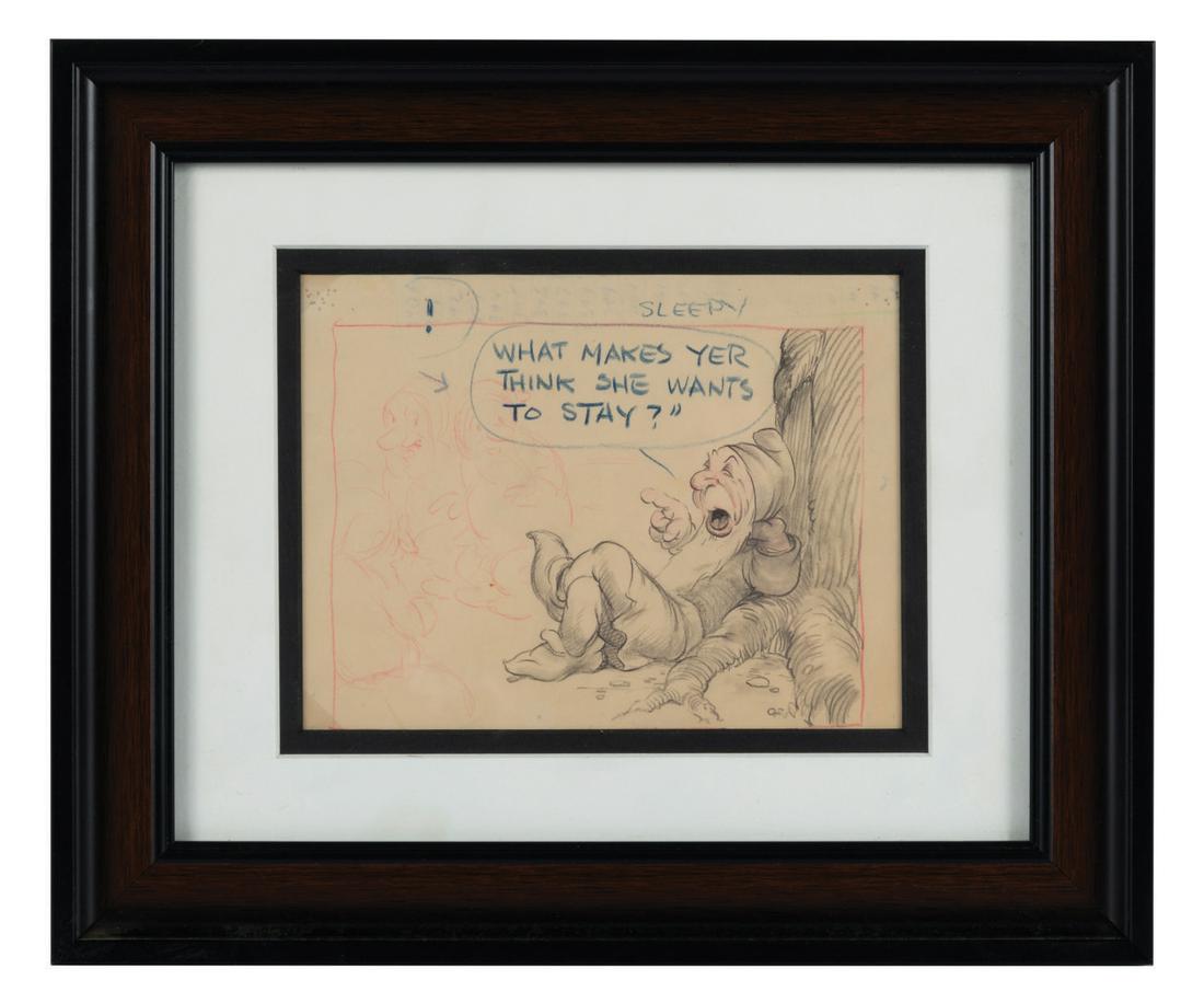Storyboard Panel from "Snow White & The Seven Dwarfs.": (Disney, 1937) An original storyboard panel from Disney's 1937 feature film, Snow White and the Seven Dwarfs. Accomplished in graphite and colored pencil, the panel features an early design for Sleepy
