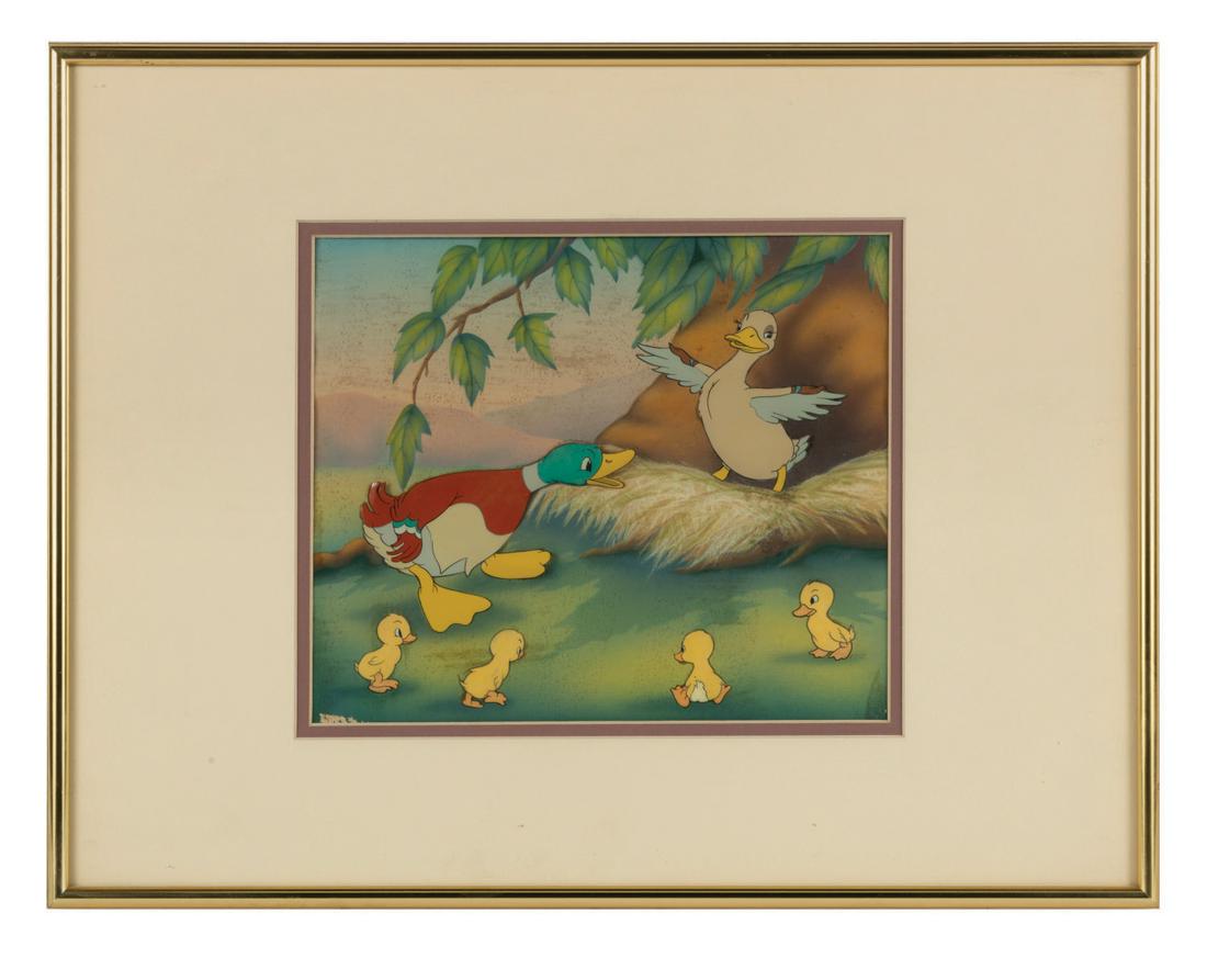 Original Production Cels from "The Ugly Duckling.": (Disney, 1939) Original production cels from Disney's Academy Award winning 1939 short, "The Ugly Duckling." The cels have been trimmed to image and applied to an airbrushed background as prepared for