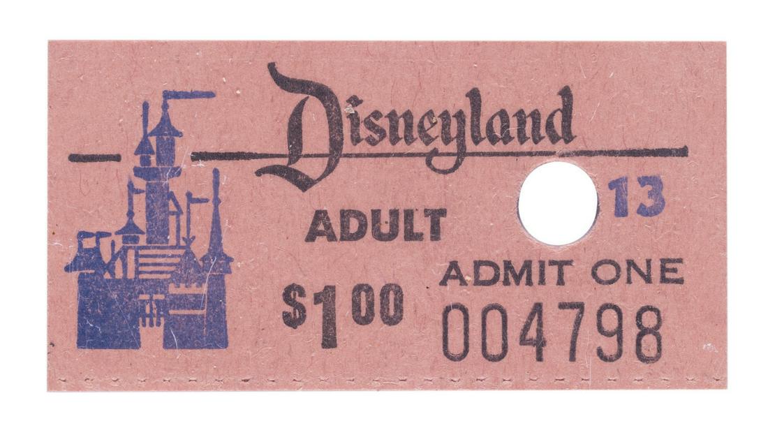 A 1956 Disneyland Admission Ticket.: (Disneyland, 1956) A Disneyland Main Gate Adult Admission Ticket from 1956. Although the popular Disneyland Coupon Books had been introduced in late 1955, single admission tickets were still available