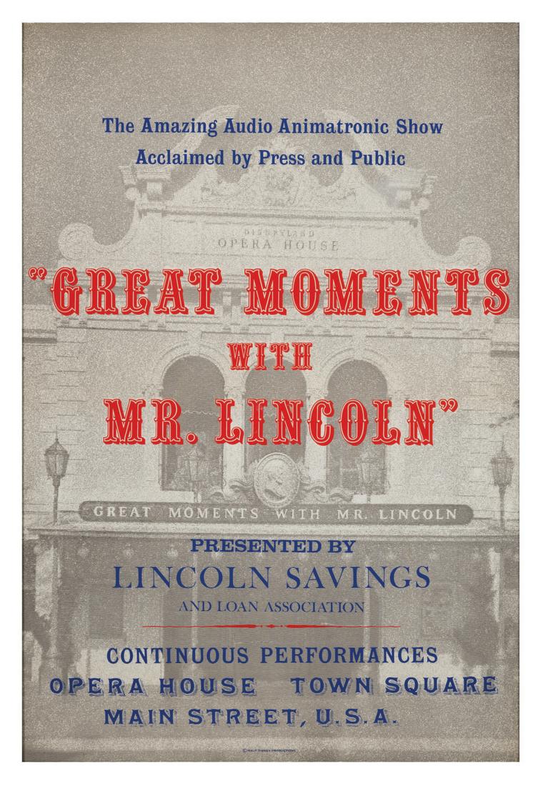 A Great Moments with Mr. Lincoln Attraction Poster.: (Disneyland, 1965) An original attraction poster for Great Moments with Mr. Lincoln at Disneyland. This poster was created for the original version of the Disneyland Show presented by Lincoln Savings 