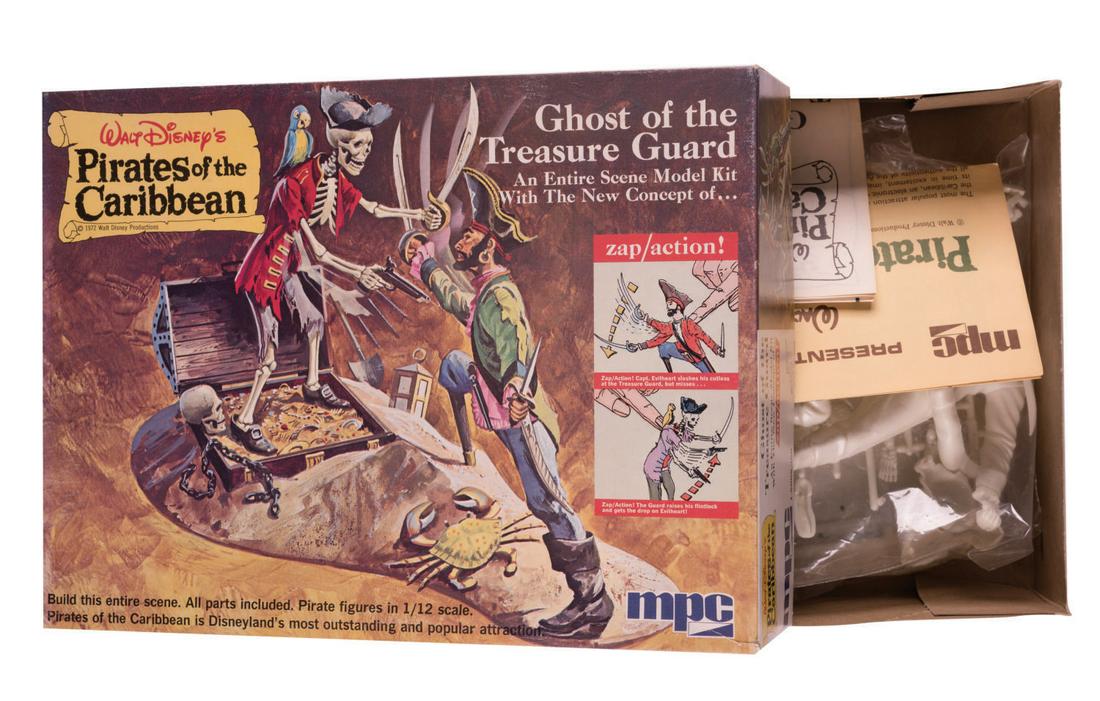 A Pirates of the Caribbean Treasure Guard Model Kit.: (Disneyland, 1972) An original â€œWalt Disneyâ€™s Pirates of the Caribbean: Ghost of the Treasure Guard” model kit by MPC. Measuring 11”x8.25” and 2.75” deep, the good