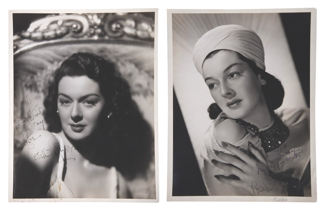 A Pair of Rosalind Russell Signed Photos.: (Rosalind Russell, 1930s-1940s) A pair of original gelatin silver photo portraits of Rosalind Russell, signed by the actress and dedicated to MGM Costume and Wardrobe matron Vicky Nichols. Both prints