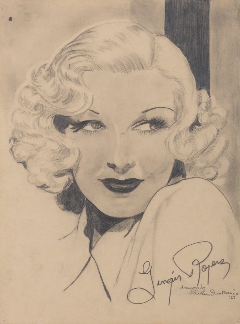 An Early Ginger Rogers Portrait by Paula Giokaris.: (Giokaris, 1937) A portrait of screen great Ginger Rogers, drawn by budding Costume Designer Paula Giokaris. Dated 1937, Giokaris drew this at the age of seventeen. Accomplished in pencil on paper, th