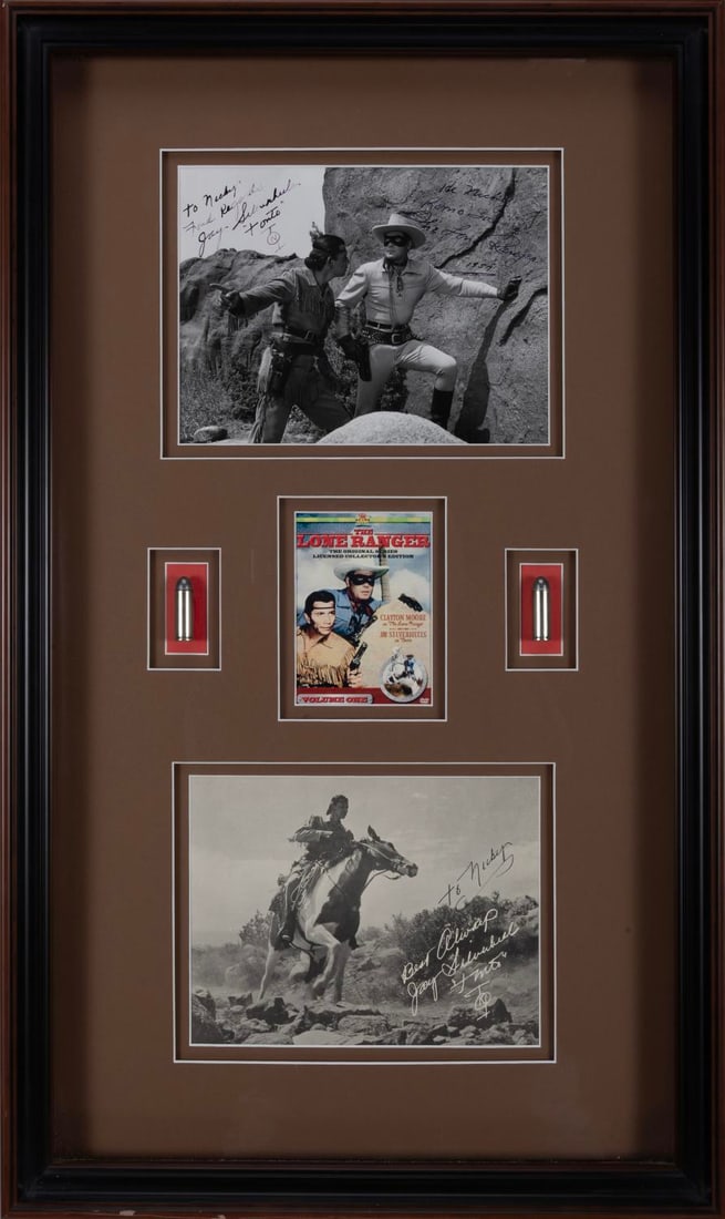 Lone Ranger & Tonto Prop Silver Bullets and Signatures.: (Wrather Productions/ABC, 1957) A pair of the Lone Ranger's "silver" bullet props, with signatures from the Masked Man and Tonto. When young fan Nicky visited the set of The Lone Ranger in 1957, actor