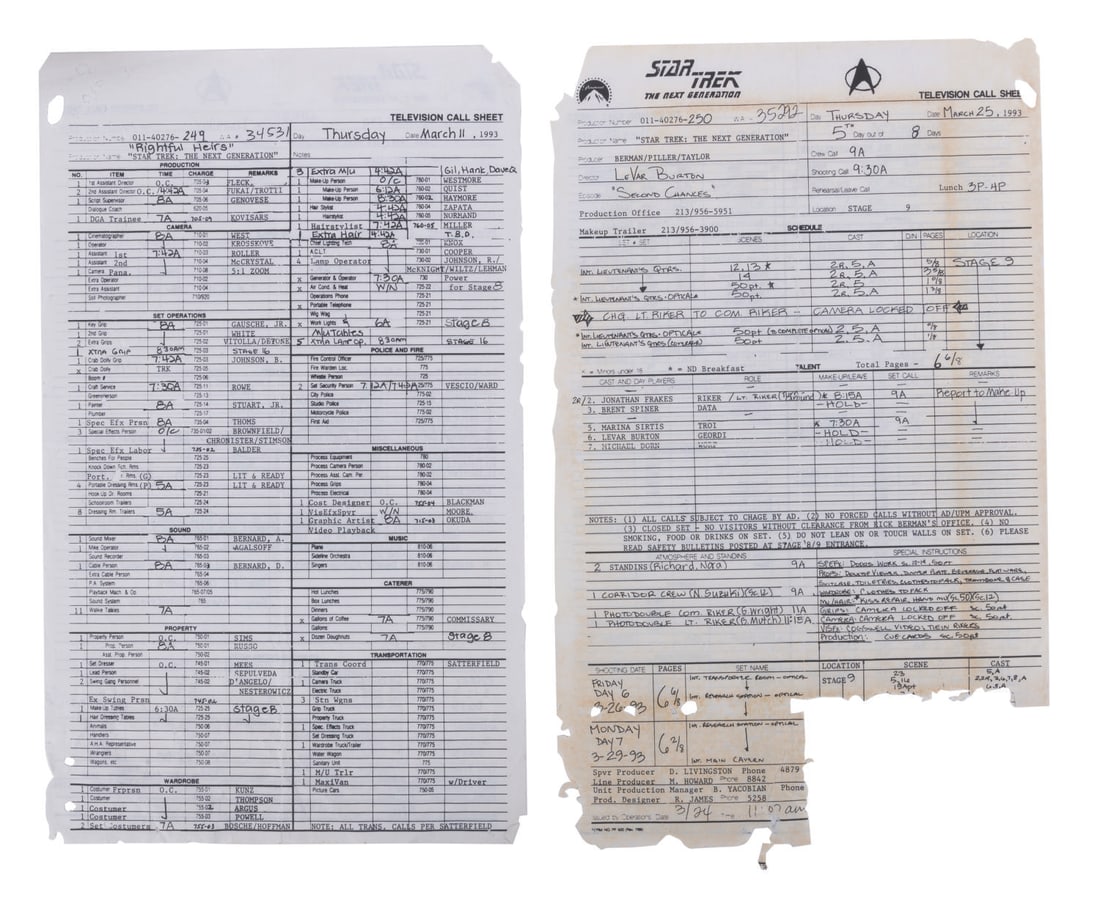 A Pair of Star Trek The Next Generation Call Sheets.: (Paramount, 1993) A pair of call sheets from "Star Trek: The Next Generation." The sheets are for the sixth season episodes "Second Chances" and "Rightful Heir", both having filmed in March of 1993. C