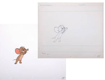 An Original Cel And Drawing from Tom and Jerry.: (MGM, 1960s) An original production cel and drawing of Jerry, from a 1960s Chuck Jones directed Tom and Jerry theatrical short. The cel measures 13.5"x10.5" and the paper is 12.5"x10.5". The character