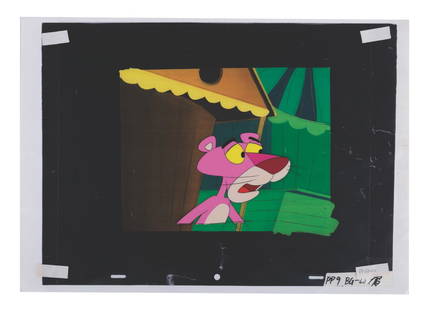 An Original Cel & Drawing From The Pink Panther Show.: (MGM, 1993) An original production cel and animation drawing from the 1993 TV Series, "The Pink Panther Show." The cel measures 10.5"x12.5" and the paper measures 9.5"x10.5", with a character image si