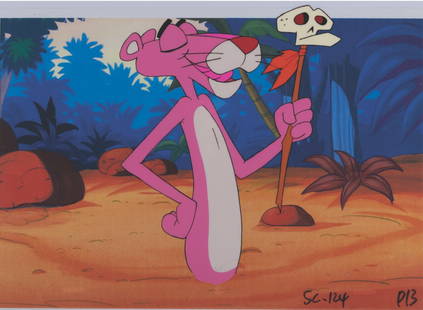 An Original Cel & Drawing From The Pink Panther Show.: (MGM, 1993) An original production cel and animation drawing from the 1993 TV Series, "The Pink Panther Show." The cel features the Pink Panther holding the magic staff of Voodoo Man, a recurring char